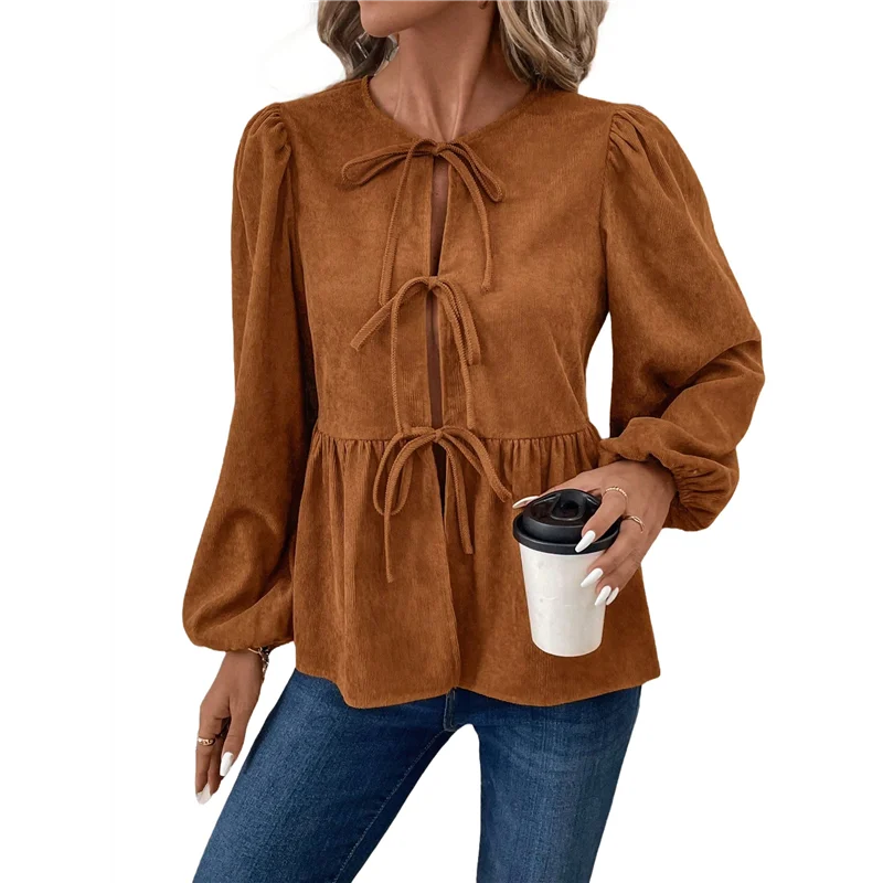 

AG-Women's Spring Fall Babydoll Peplum Blouse Shirt Puff Long Sleeve Tie Front Trendy Cute Y2K Going Out Tops