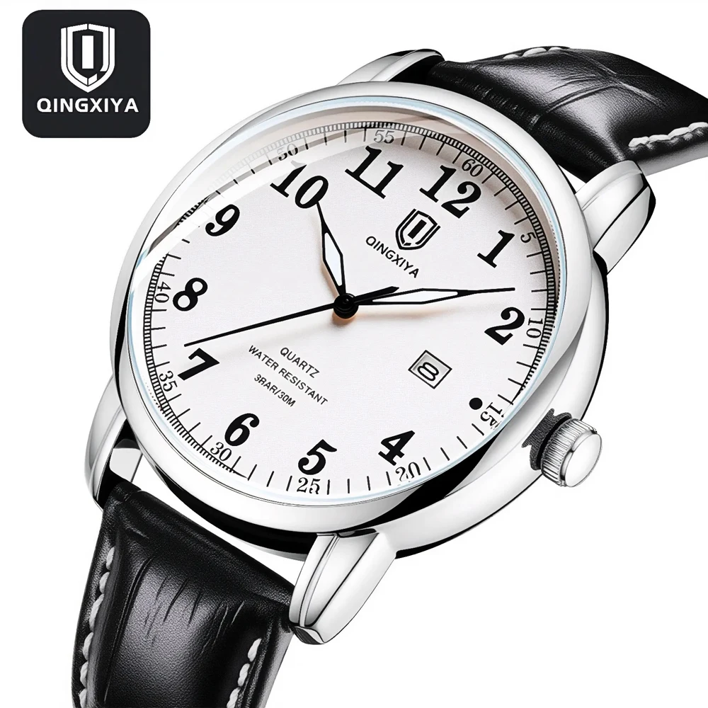 QINGXIYA Business Mens Watches Top Brand Luxury Military Leather Strap Date Quartz Watch Waterproof Fashion Male Wristwatch Male