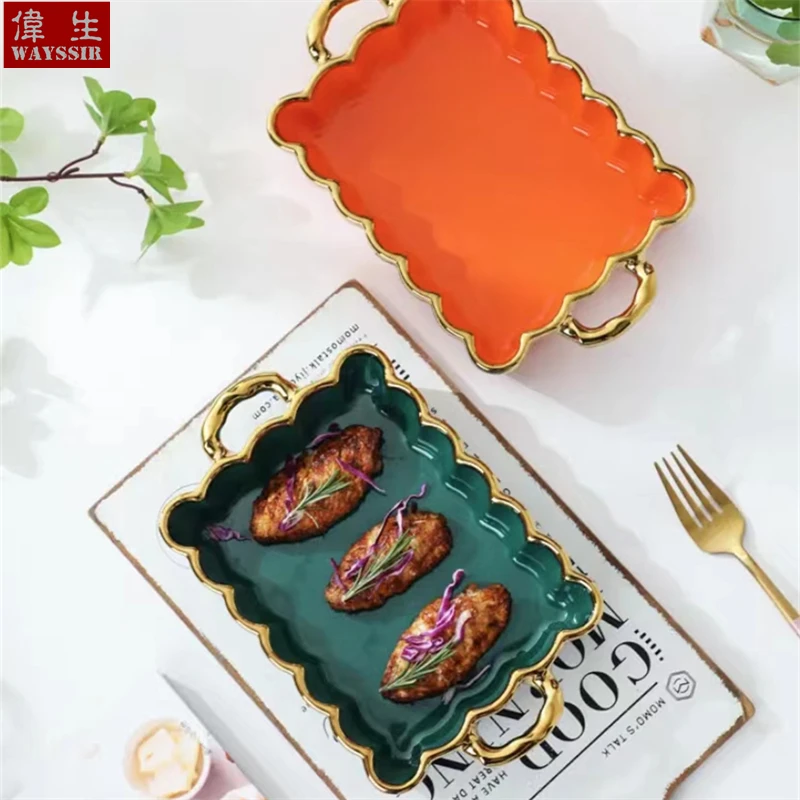 Rectangle Flower Edge Ceramic Plate, Green Color, Gold Decals, Dessert Fruit Bread Dish, Salad Handle Plate, High Quality