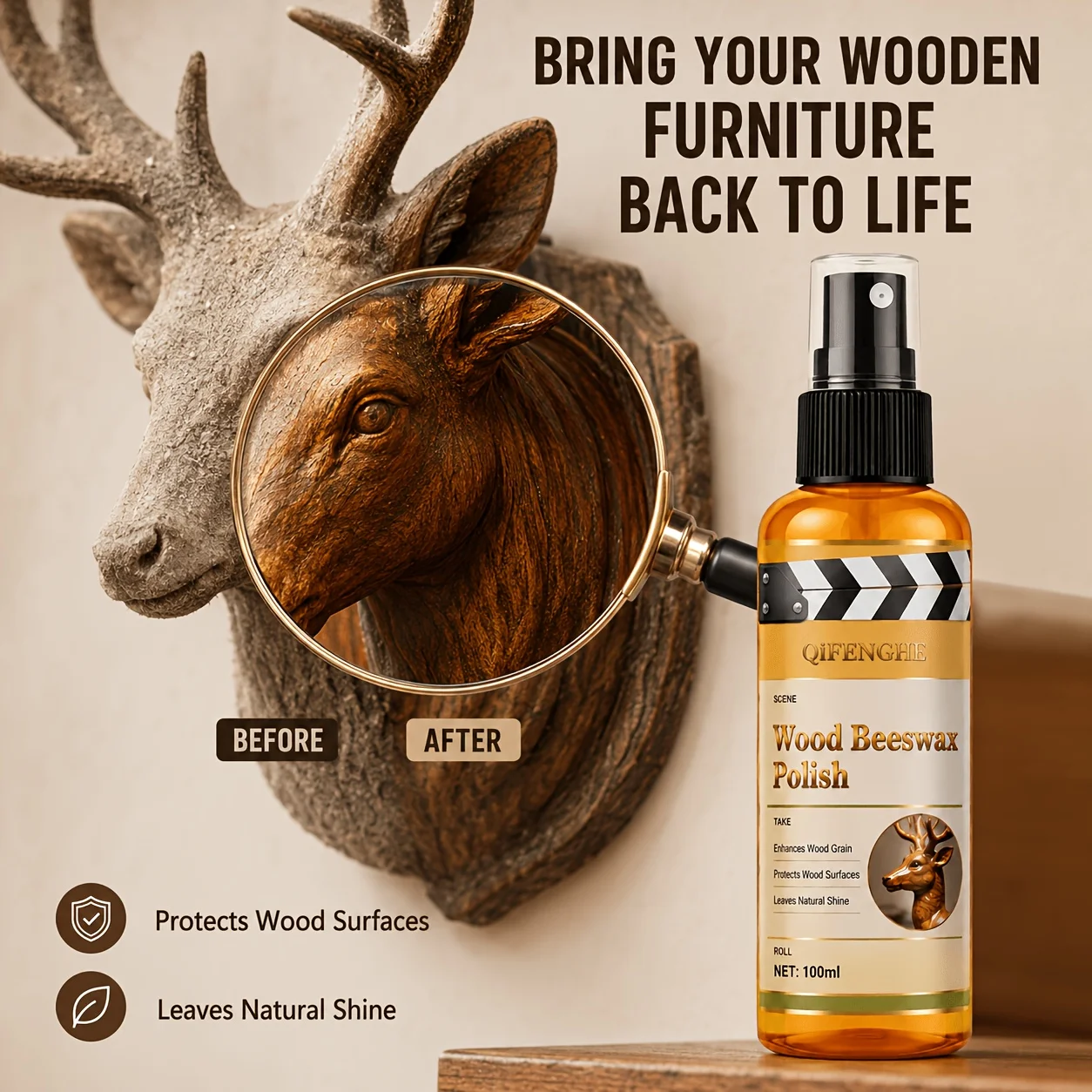 Wood Beeswax Polish Spray Cleaner Revitalize Aged Furniture And Form a Protective Seal Against Dirt for Wooden Deer Head Statues