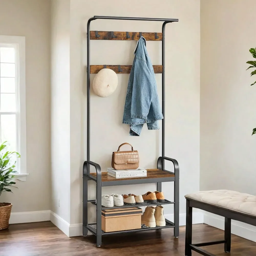 

Coat Rack, Hall Tree With Shoe Bench For Entryway, Entryway Bench With Coat Rack, 4In1, With 9 Removable Hooks, A Hanging Rod,