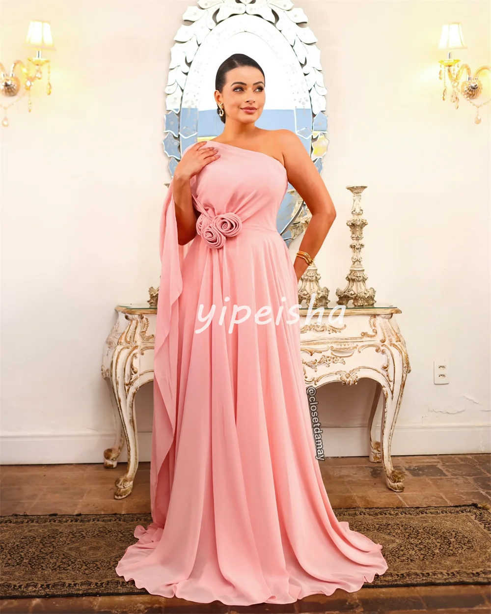 Customized Exquisite Sizes Available Pleat Draped Flower A-line One-shoulder Long Dresses Bespoke Occasion Dresses Fashion