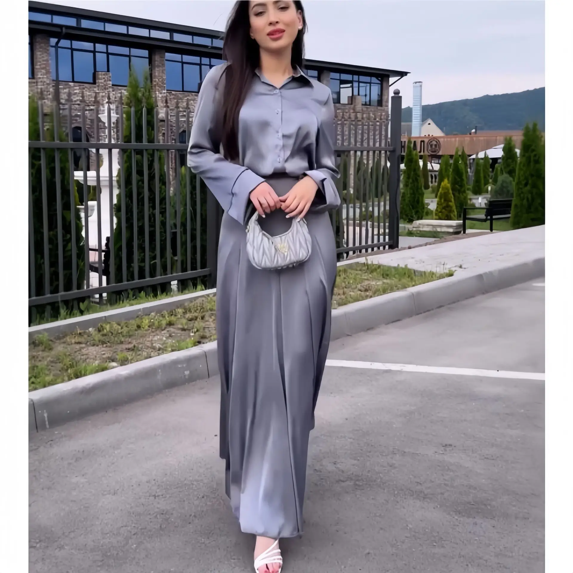 

Elegant Long Sleeve Satin Shirt And Skirt Set Fashionable Classy Two-Piece Women's Ensemble Polyester Fiber Button Closure