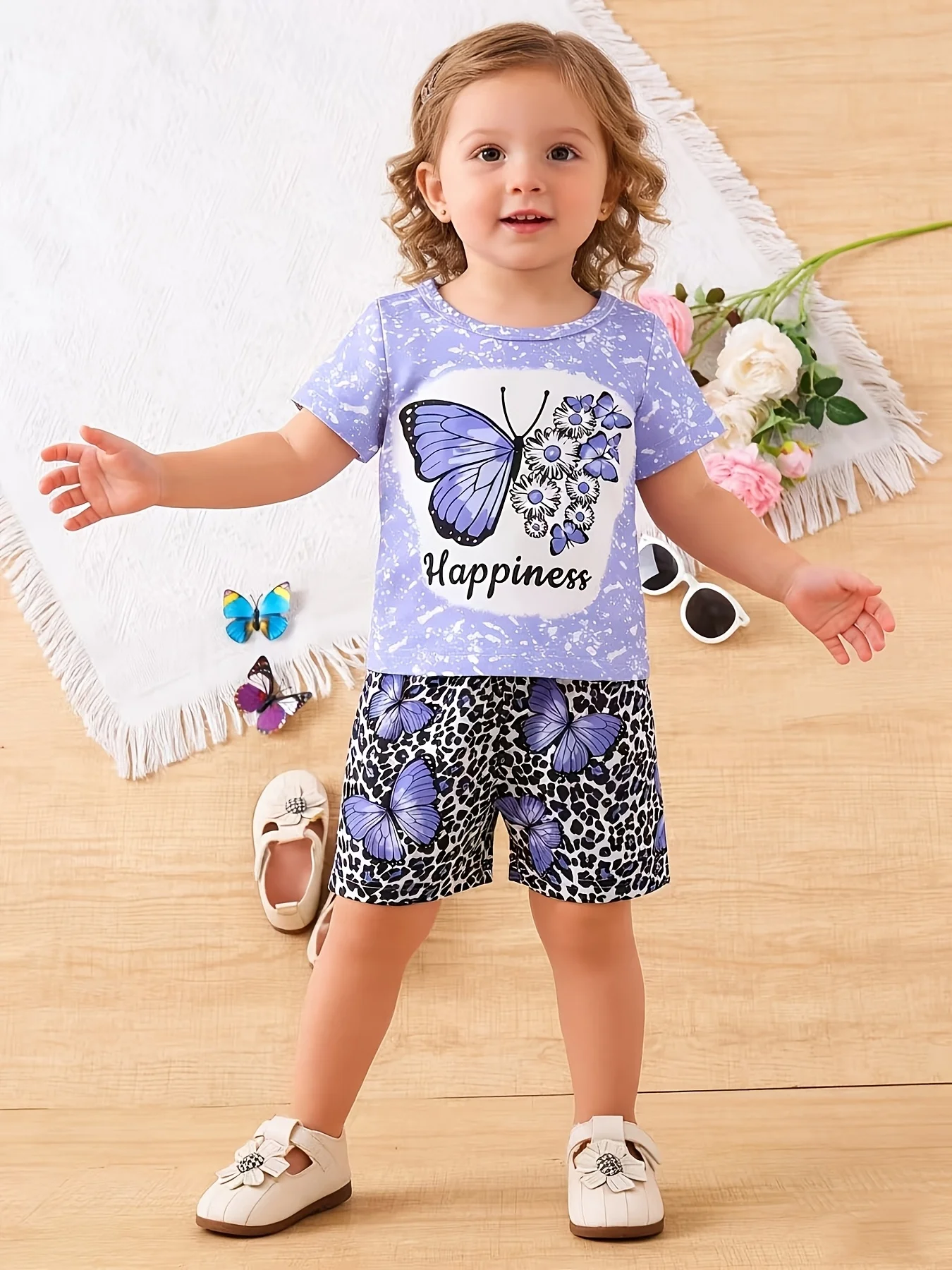 Girls Purple Butterfly Print T Shirt Shorts Set Sweet Style Summer Outfit