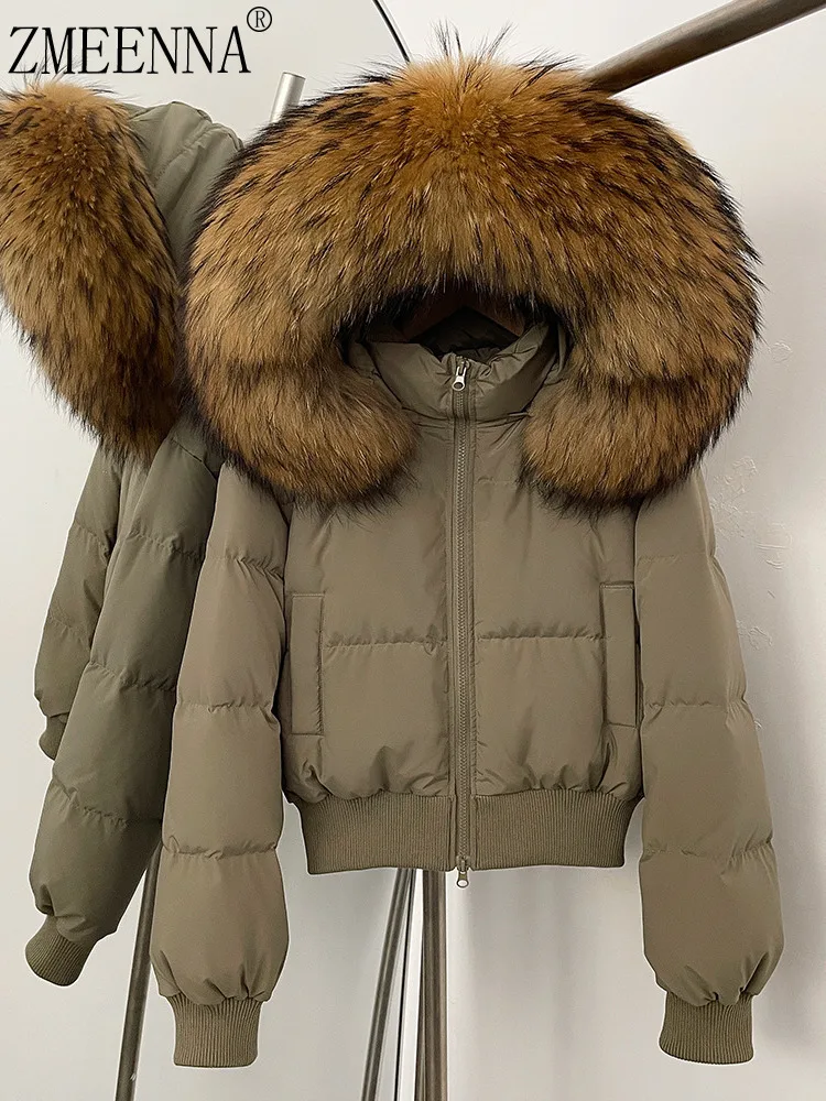 

ZMEENNA Womens Puffer Down Jacket With Oversized Detachable Fur Hood Warm Winter Coat Loose Fit Ribbed Hem Olive Green ZM4374