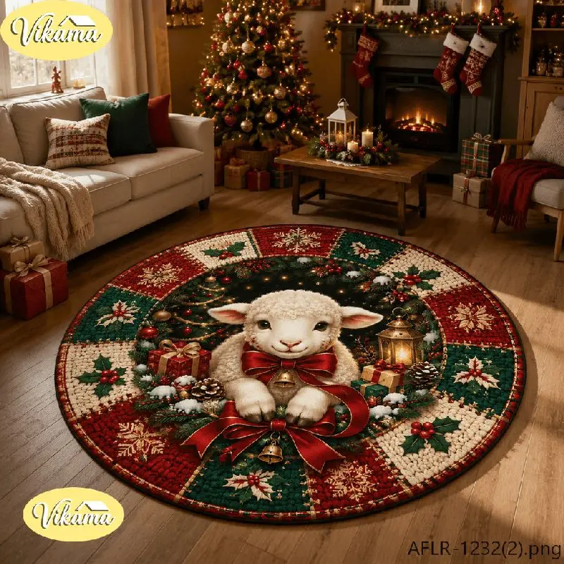 VIKAMA Christmas Round Rug Christmas Lamb Red Bow Gifts Area Rug Living Room Holiday Home Decor Aesthetic Art Large Premium Cute