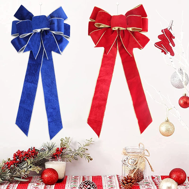 Red Christmas Bows Ribbon Outdoor Front Door Home Decorations Large Christmas Tree Top Bow Velvet Wreath with Glitter Gold Edge