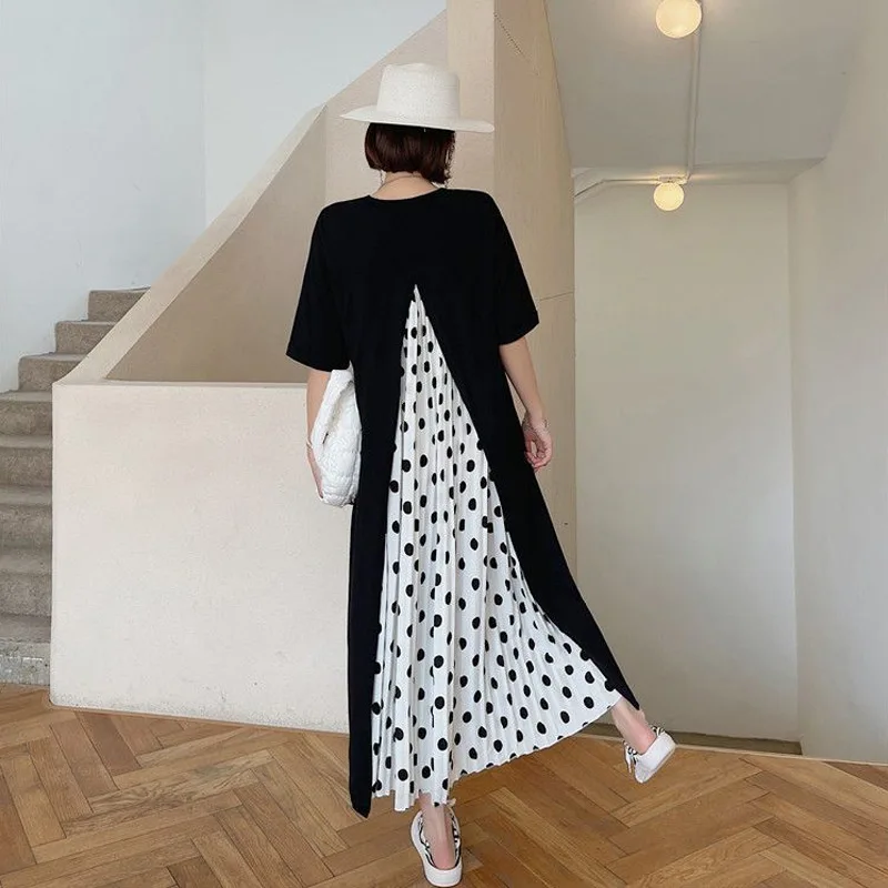 Summer New Loose Polka Dot T-shirt Dress Round Neck Short Sleeve Patchwork Casual Dresses Fashion Vintage Women Clothing