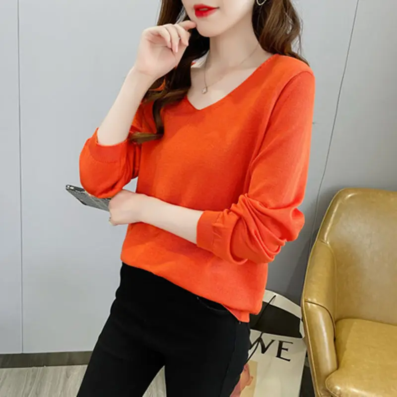 Fashion V-Neck Solid Color All-match Knitted Sweater Women's Clothing 2023 Autumn New Oversized Casual Pullovers Korean Tops