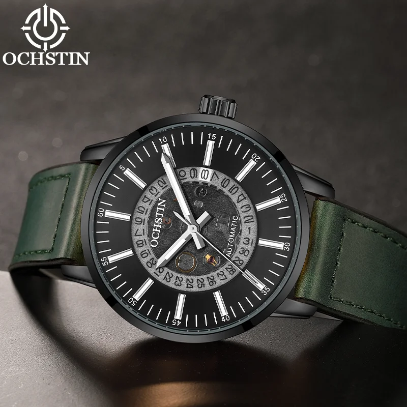 OCHSTIN Man Automatic Self-winding Mechanical Movement Watch Men's Magnetic Leather-coated Silicone Wristband Calendar Watches