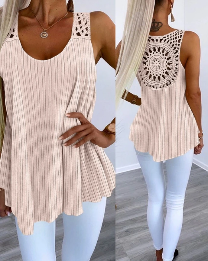 

Top Women 2024 Summer Fashion Hollow Out Crochet Lace Tank Top Women's Casual Vacation U-Neck Sleeveless Vest Tops