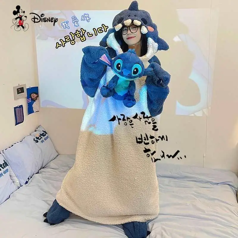 女性のかわいいフード付きステッチ暖かいパジャマアニメ秋冬新漫画肥厚女性のローブホームウェアファッションナイトガウン