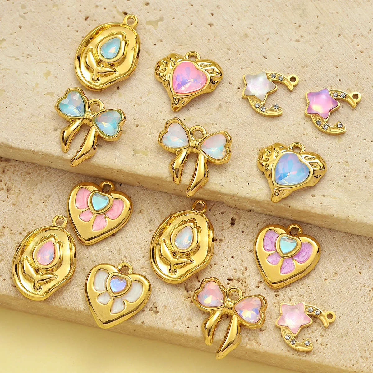 3 قطعة/الوحدة الفولاذ المقاوم للصدأ Bowknot القلب المعلقات القمر سحر الزجاج حجر DIY بها بنفسك صنع المجوهرات قلادة القرط الإكسسوار