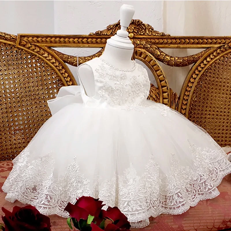 2023 Newest Girls Children Party Lush Princess Lace Tulle Dresses Toddler 1st Birthday Banquet Stylish Kids Sleeveless Gowns