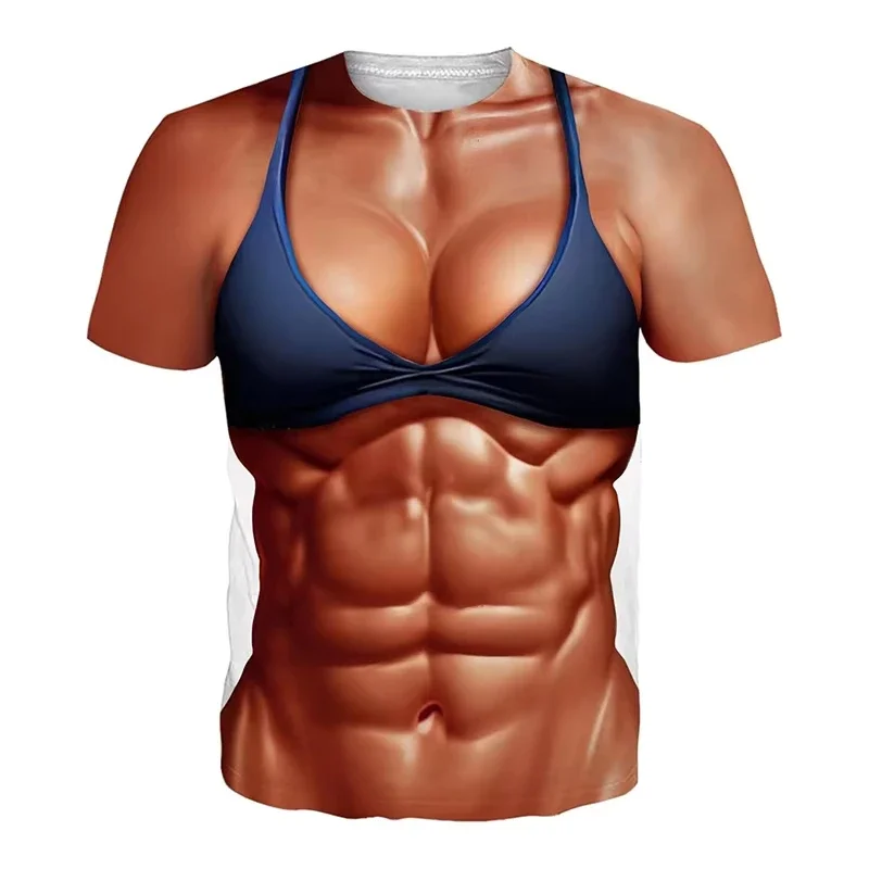 Funny Bikini Graphic T Shirts for Men 3D Printed Fake Abs Muscle Short Sleeve T-Shirt Women Cosplay Costume Novelty Tees Shirt