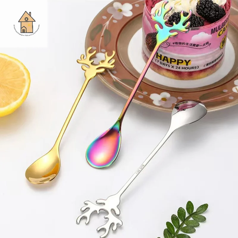 

1pc 304 Stainless Steel Cartoon Christmas Elk Spoon Cute Deer Head Mini Ice Cream Spoons Coffee Dessert Stirring Spoon Tableware