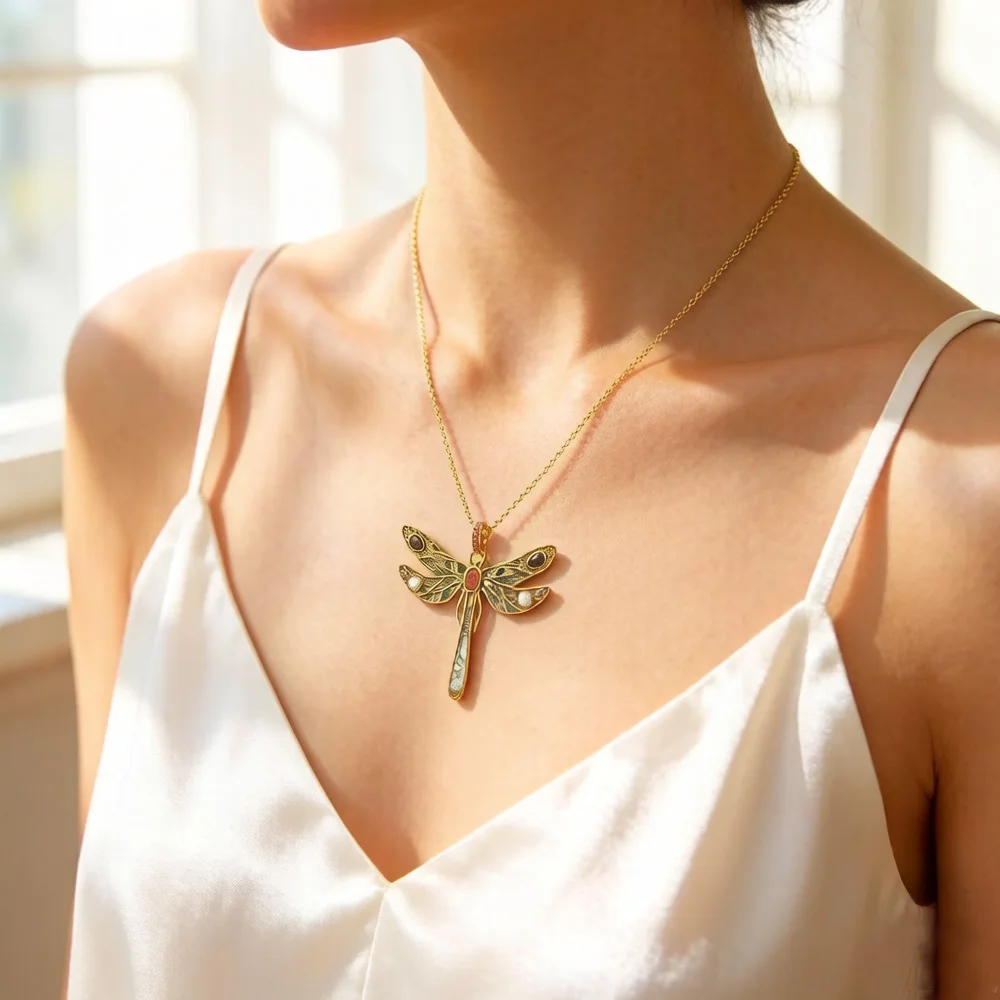 Pendant Golden Dragonfly,Spring Brand Jewelry Bohemia Playful 925 Sterling Silver Colourful Happy Gift For Women