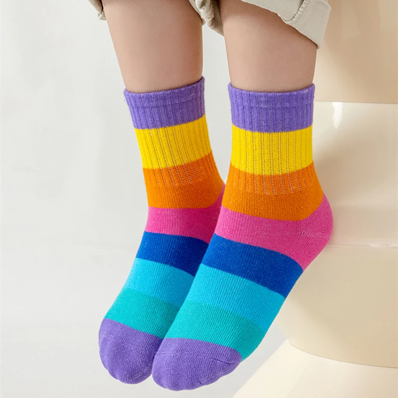 5 Pairs/Lot Children\'s Rainbow Socks Spring Autumn Coft Cotton Cute 7 Color Rainbow Stripes Boys Girls Sports Tube Socks to 1-12