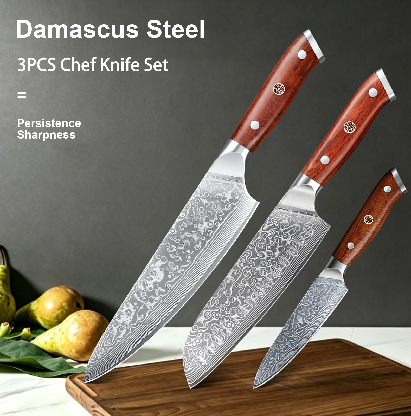 1PCS or 3PCS Kitchen Knife Sets Japanese Forged Damascus Steel Chef Santoku Knives Stainless Steel Rosewood Handle