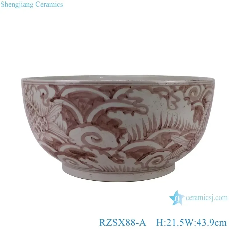 RZSX88-A-B Jingdezhen Handpainted Underglazed Red Seawater Fish and Peony Flower Pattern Ceramic Big Bowl Flower Pot Bowl