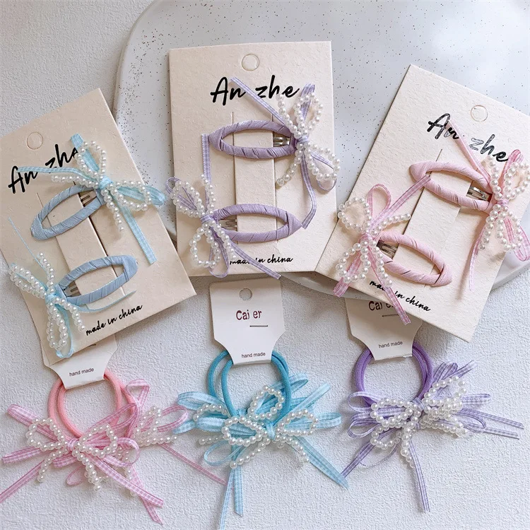 Korean BB Clips Set 2pcs Sweet Pearl Bow Barrettes Tartan Snap Clips for Teens Girls Hairpins Kawaii School Accessories