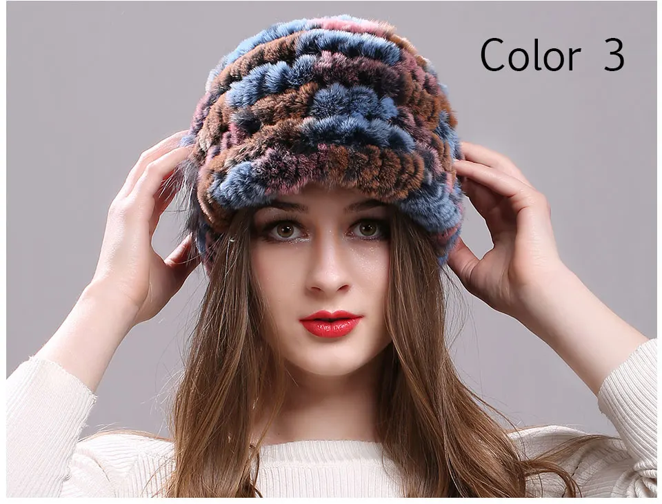 Winter Pelz Hüte für Frauen Rex Kaninchen Fell Elastische Gestrickte Hut mit Blume Pelz Hut Großhandel Baseball Kappe Weibliche Echtpelz Bonnets – Detail 11