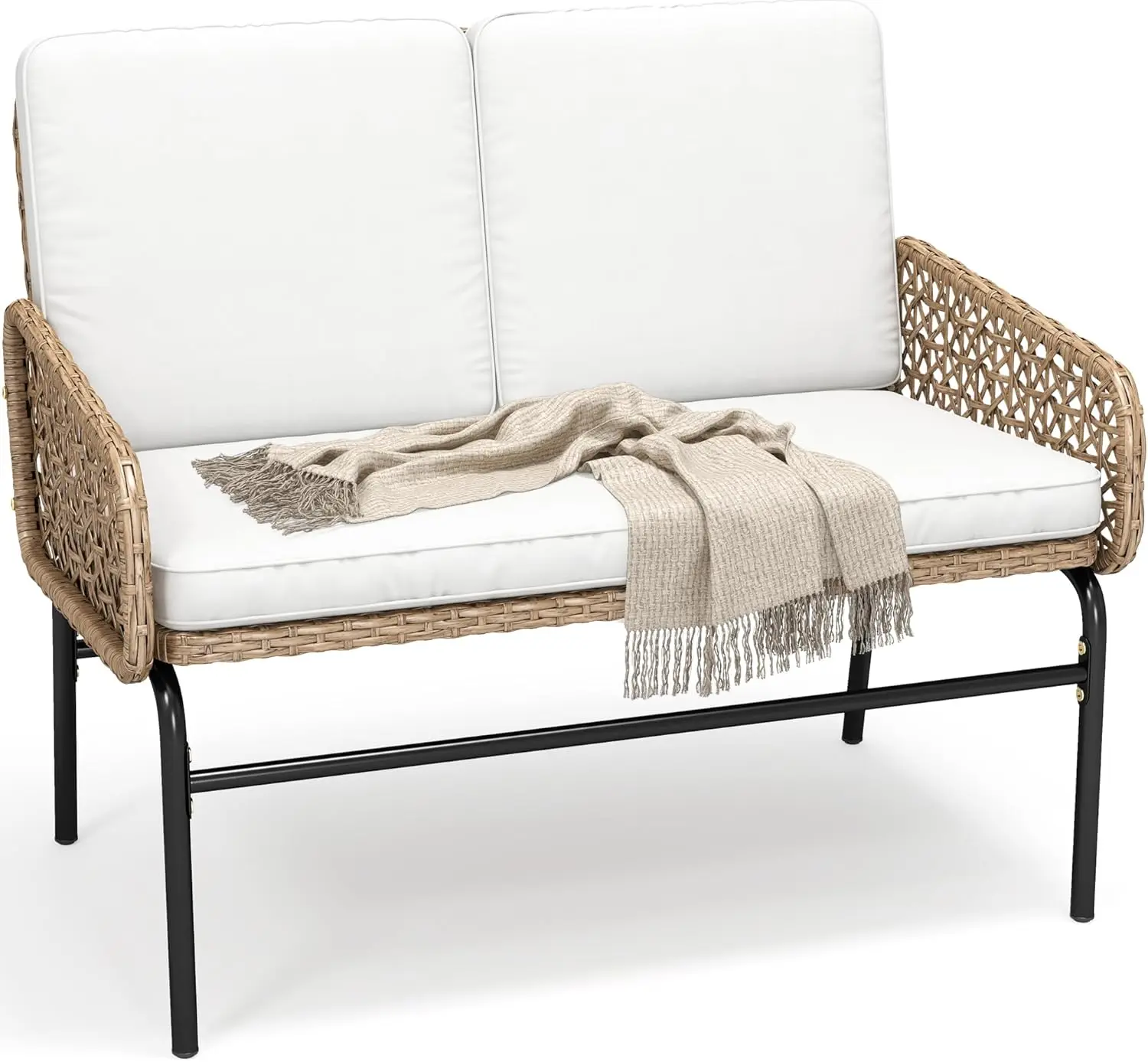 

Loveseat Wicker Outdoor Furniture, All Weather Rattan Conversation Loveseat for Backyard Balcony w/ Cushions, Light Brown+Beige