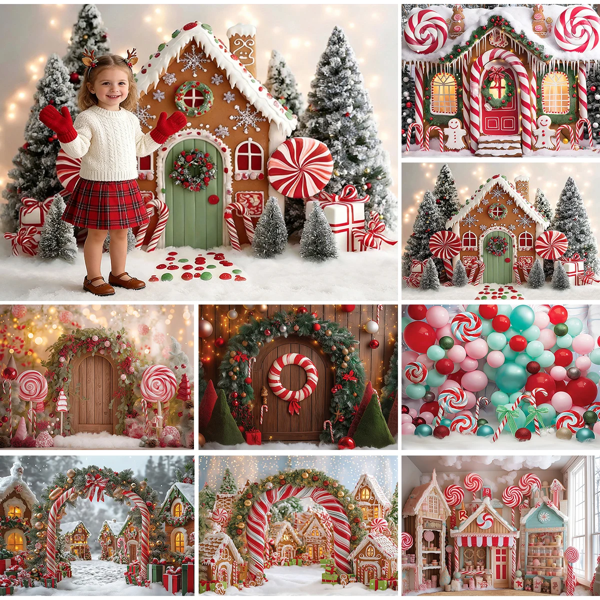 Christmas Gingerbread House Candy Cane Winter Snowy Xmas Pine Tree Decor Photo Studio Backdrop For Baby Photography
