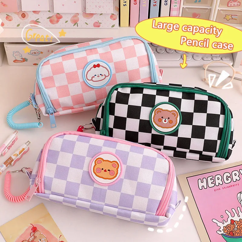 Kawaii Plaid Pencil Cases Large Capacity Pouch Cute Bag Box Back To School Supplies Korean Organizer Stationery