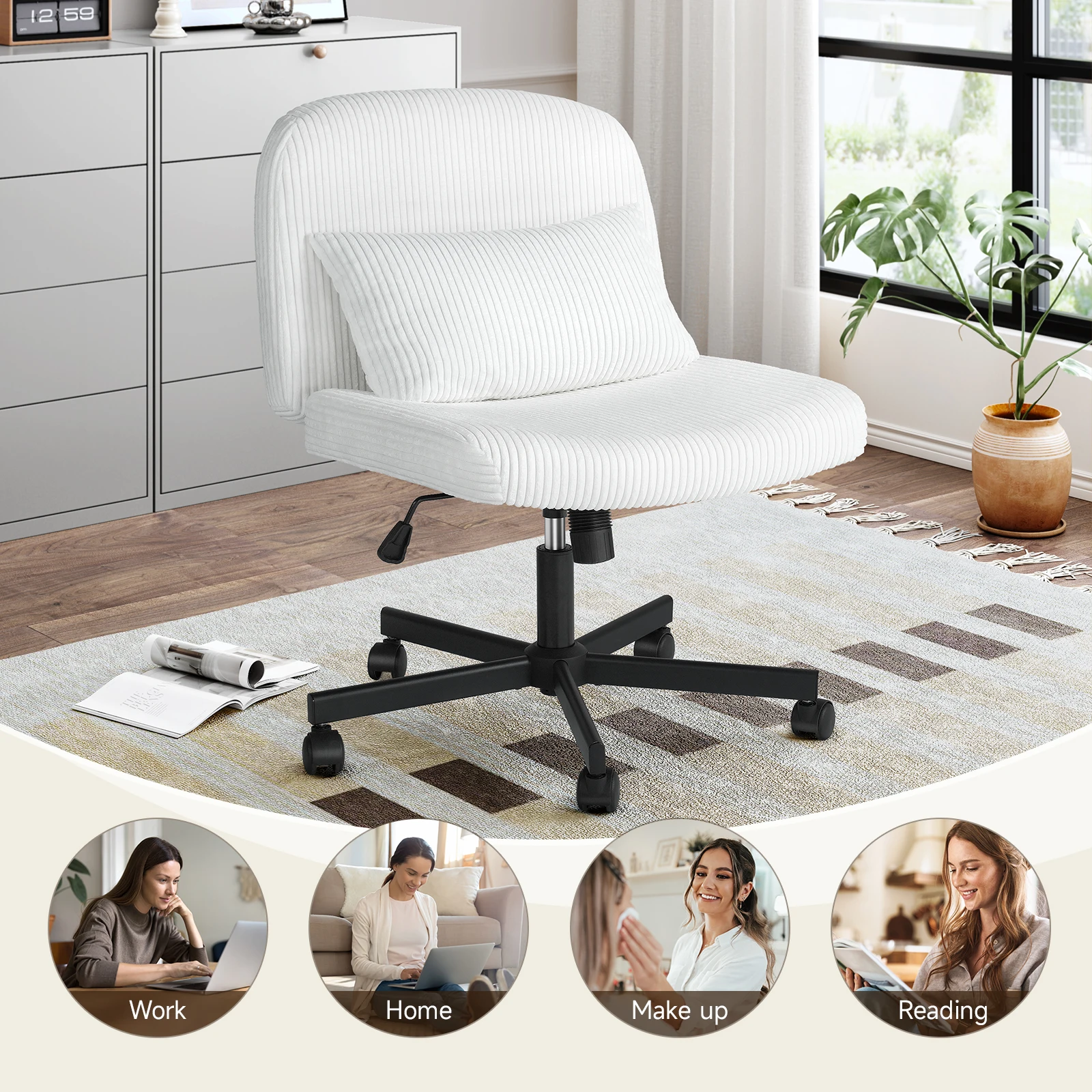 Massage Cross Leg Office Chair w/ Double Layer Sponge Cushion,Corduroy/Pearl Velvet Wide Armrest Desk Chair Mid Back Adjustable image 5