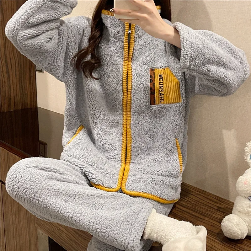 Coral velvet pajamas for women with thick autumn and winter warm home wear 2022 new Teddy velvet zipper high collar suit