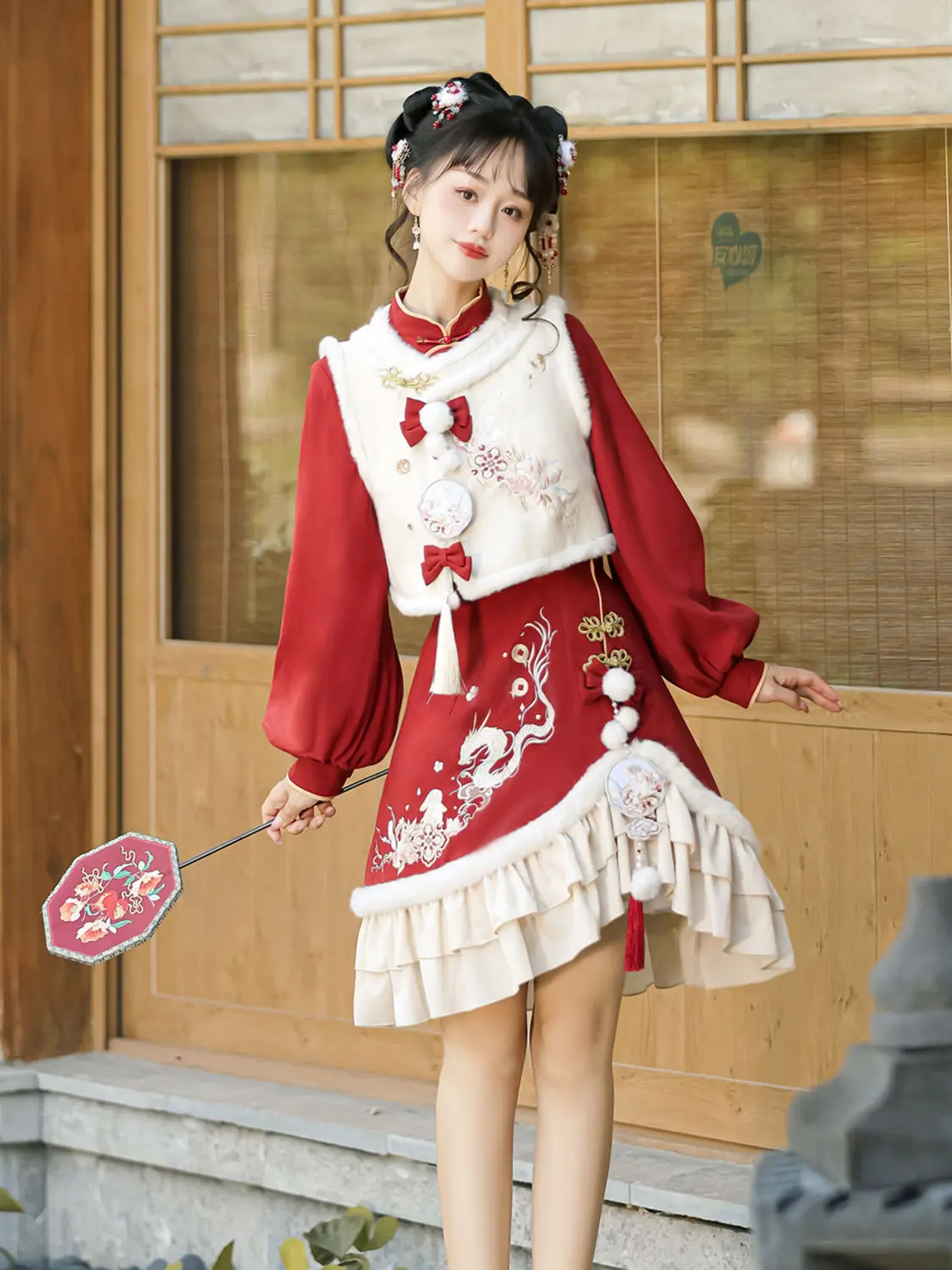 Chinese Traditional Clothing Red Suit Autumn And Winter Improved Hanfu Two-piece Qipao Style Dress