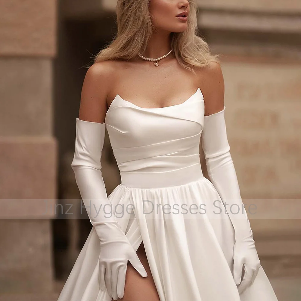 Satin Wedding Dress White Strapless A Line Criss-Cross Split Wedding Gowns for Women 2024 Bride Sweep Train Elegant Bridal Dress