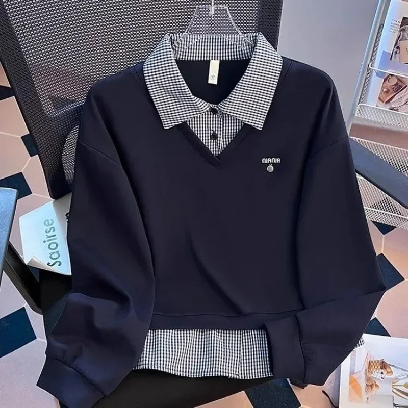 

Lapels Jacket Ladies Short Casual All-Match Long-Sleeved Female Tops Autumn 2026 New Korean Fake Two-piece Stitching Check Polo