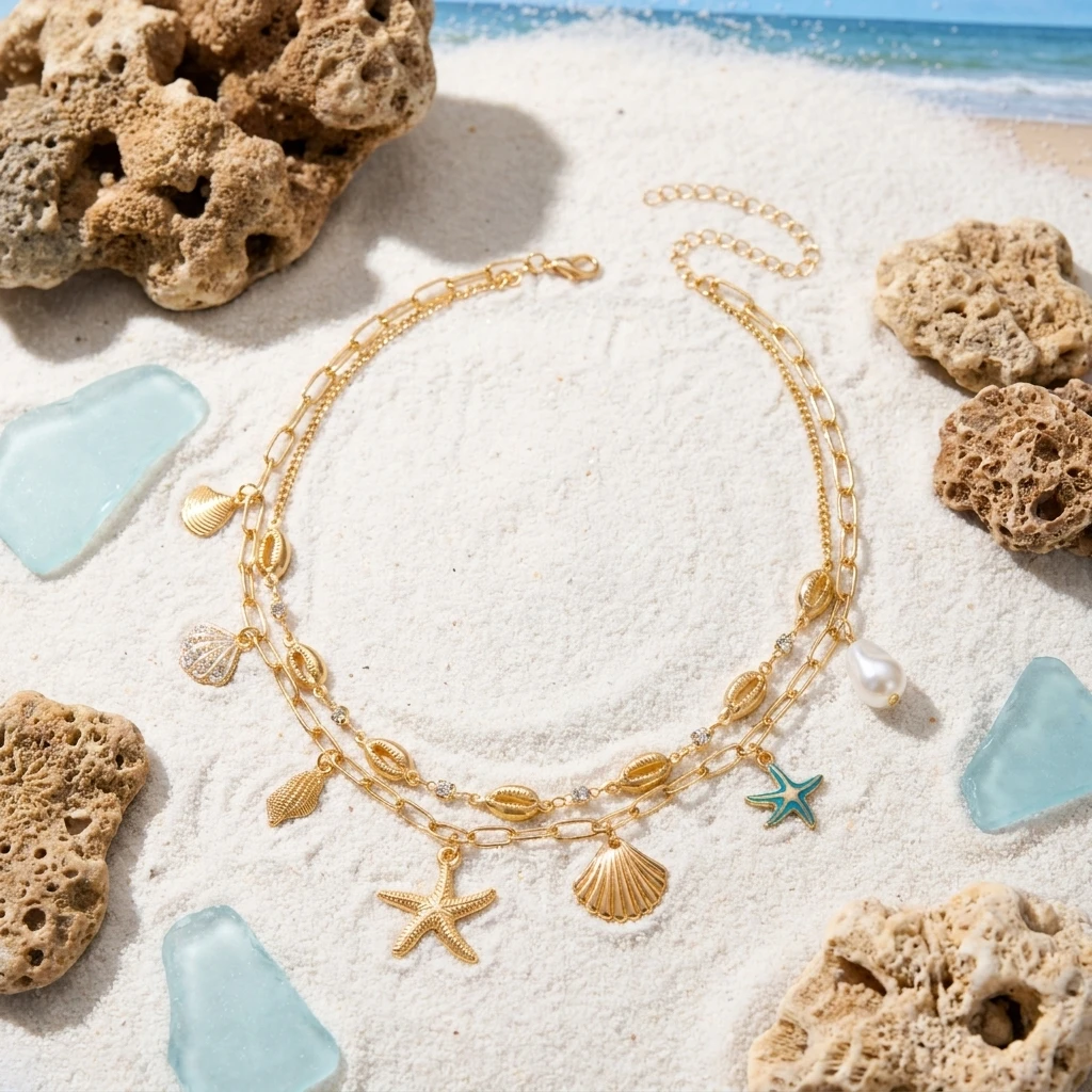 Seestern-Muschel-Mehrschichtige Choker-Halsketten für Frauen, Boho Goldfarbene Muschelketten, Charms, Strand-Sommer-Party-Schmuck, Geschenk – Detail 5