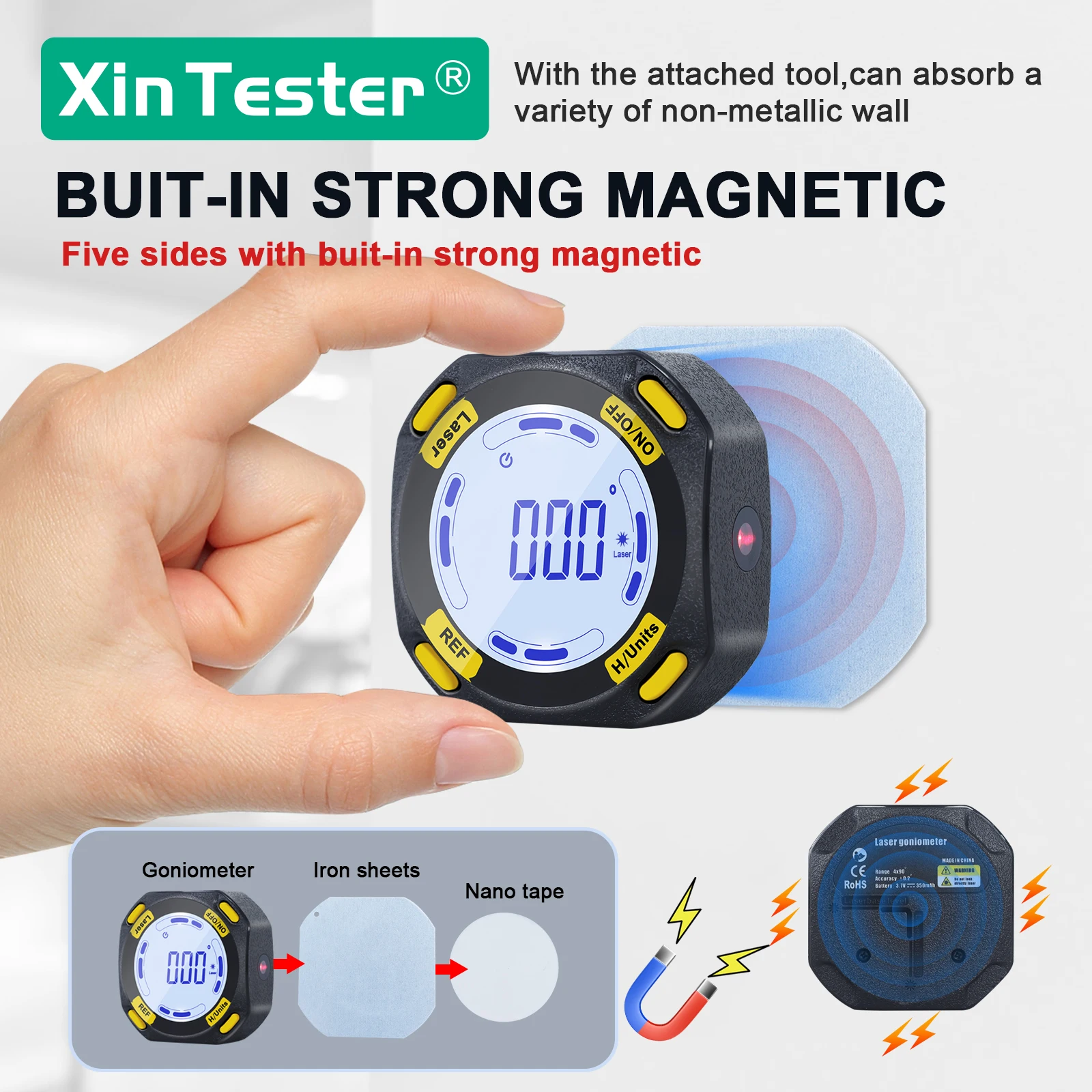 Xin Tester 4*90 Degree Digital Angle Gauge Magnetic Protractor Inclinometer Level Type-C Charging Angle Finder LCD Backlight
