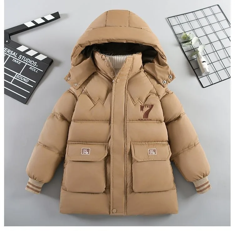 30 ℃ 2025, Winter-Jacke für Teenager und Jungen, Plüsch, dick, Kälteprävention, Briefdruck, mit Kapuze, Daunen-Baumwolle, Outdoor-Jacken für 4–11 Jahre – Detail 4