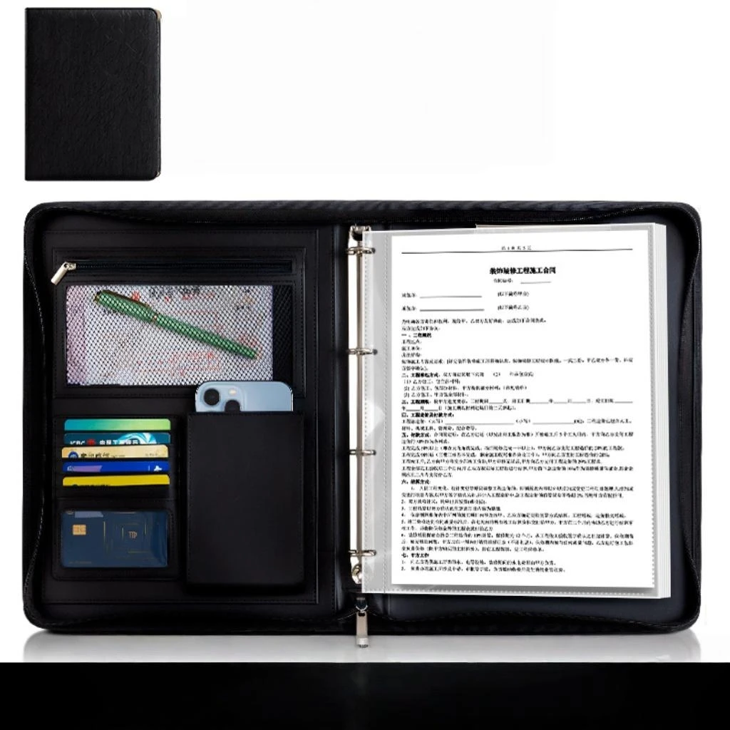 New A4 multi-function business zipper bag, 4-ring binder + writing pad + storage bag, pleated texture PU  leather cover