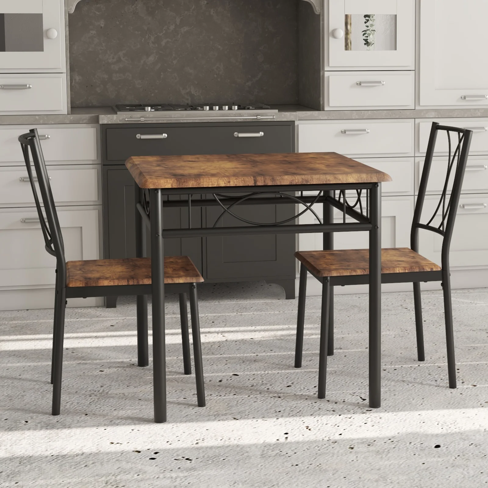 3-Piece Dining Room Table Set for 2, Industrial Wooden Kitchen Table and 2 PU Leather Padded Chairs with Metal Frame for Small Space, Apartment, Kitchen