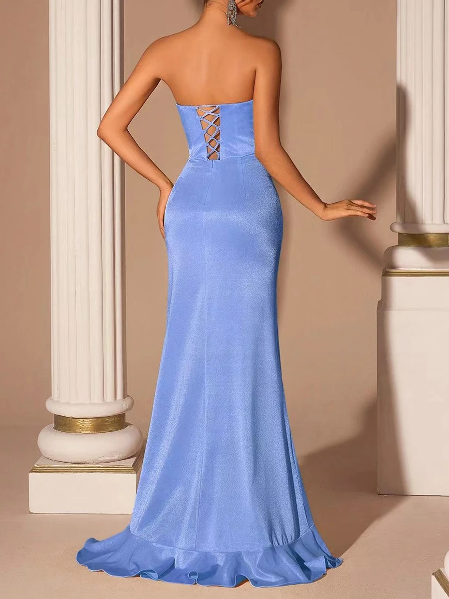 เดรสยาวทรงบอดี้คอนสีน้ำเงิน VGH แต่งลายปะติด คอวีแบบหวาน โชว์ไหล่ เอวสูง ผ่าข้าง เซ็กซี่ สำหรับผู้หญิง รุ่นใหม่