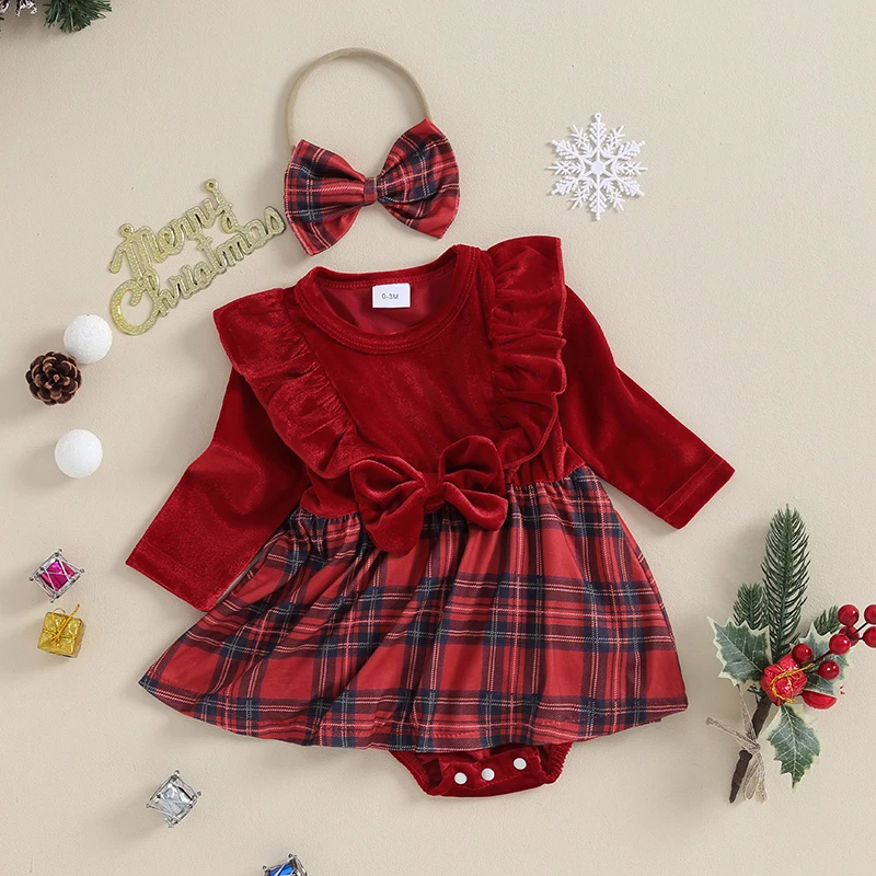 

Suefunskry Baby Girls Newest Christmas Outfits Ruffled Long Sleeve Romper Dress with Bow Decora + Headband Set Santa Costume