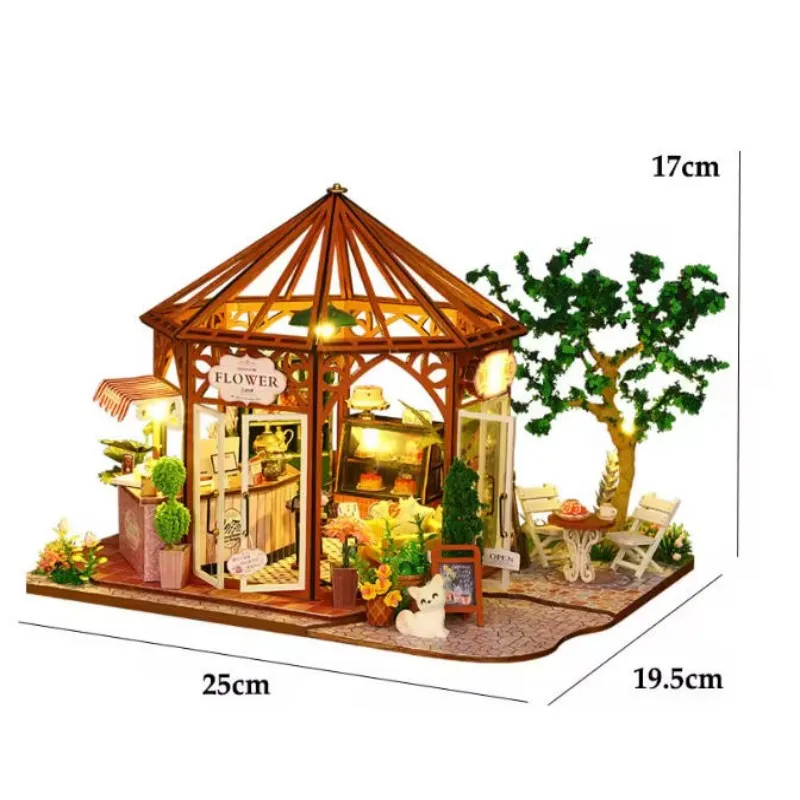 بيت الدمى الخشبي المصنوع يدويًا على شكل زهرة مع ضوء LED مجموعة ألغاز إبداعية ثلاثية الأبعاد ألعاب مجسمة لبيوت الدمى