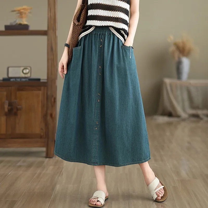 New Arrival Summer Arts Style Elastic Waist all-matched Casual A-line Skirt Women Vintage Blue Cotton Denim Loose Long skirt