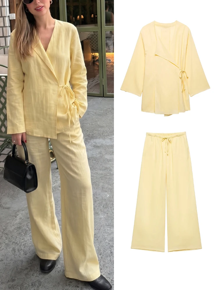 Ensemble pantalon jaune femme HH 2026 Printemps-Été, style kimono, chemises amples à lacets, pantalon large à cordon de serrage, tenues de bureau