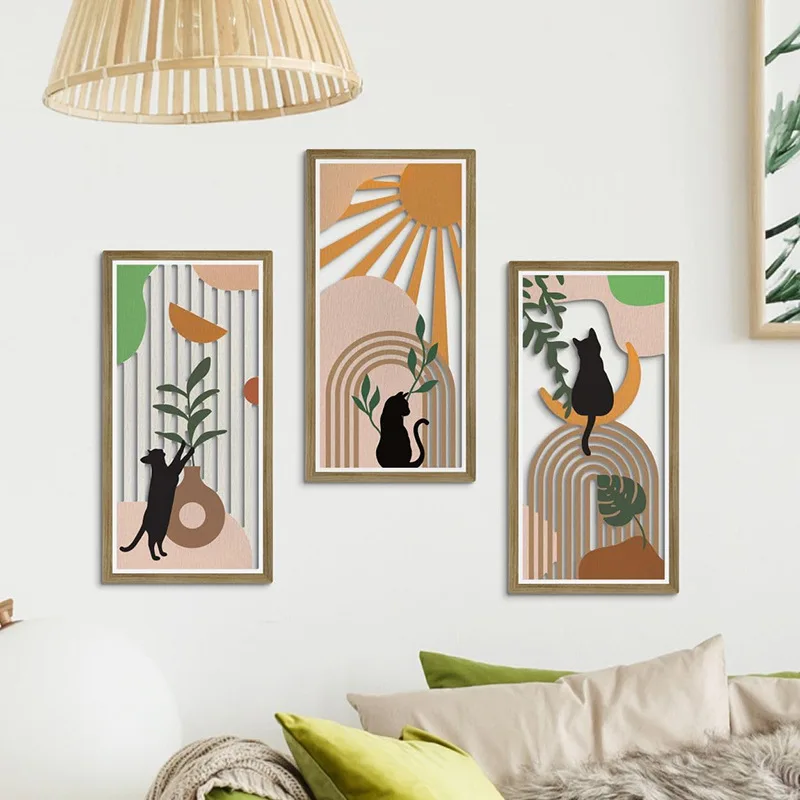 3PCS Bohemian Abstract Wooden Wall Hanging with Rainbow Plant Cutouts Handmade Artwork for Living Room Bedroom and Office Decor