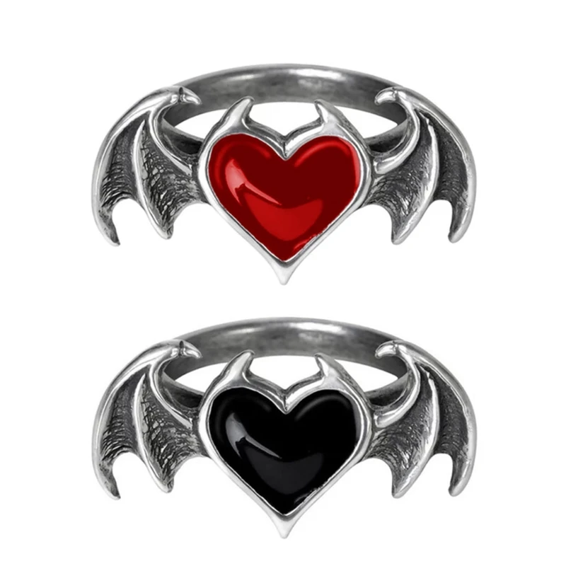 Halloween for Vampire Bat Heart Wing Ring Vintage Love Demon Punk Promise Pinky Band Ring for Women Girls Cool Jewelry