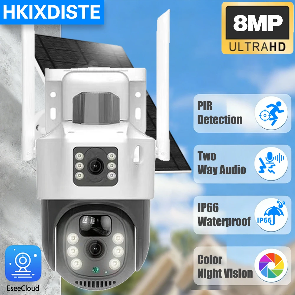 

Wireless Solar Camera Dual Lens 4K 8MP HD Smart Home Security Protection PIR Human Detection CCTV PTZ Wifi Surveillance Cameras