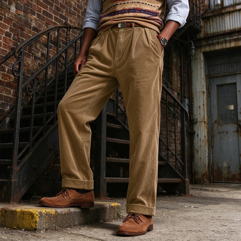 Vintage Men's Corduroy Pants High Waist Double Pleated Straight Leg Casual Trousers For Autumn Winter Office Street Daily Wear