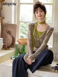 MISHOW Splicing Contrasting Striped Knitted Base Sweater 2024 Autumn V-neck Wool Blend Fake Two Pieces with Ribbon MXD42Z0729