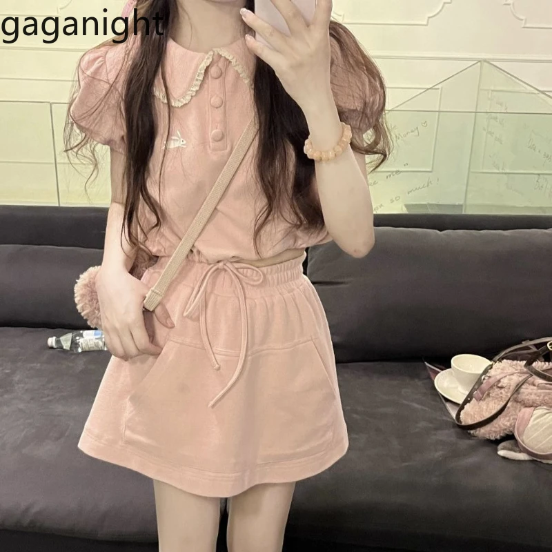 Gaganight Women Pink Doll Neck manica a sbuffo Set a due pezzi 2024 Summer New Korean Academy Style Cute manica corta Top gonna corta